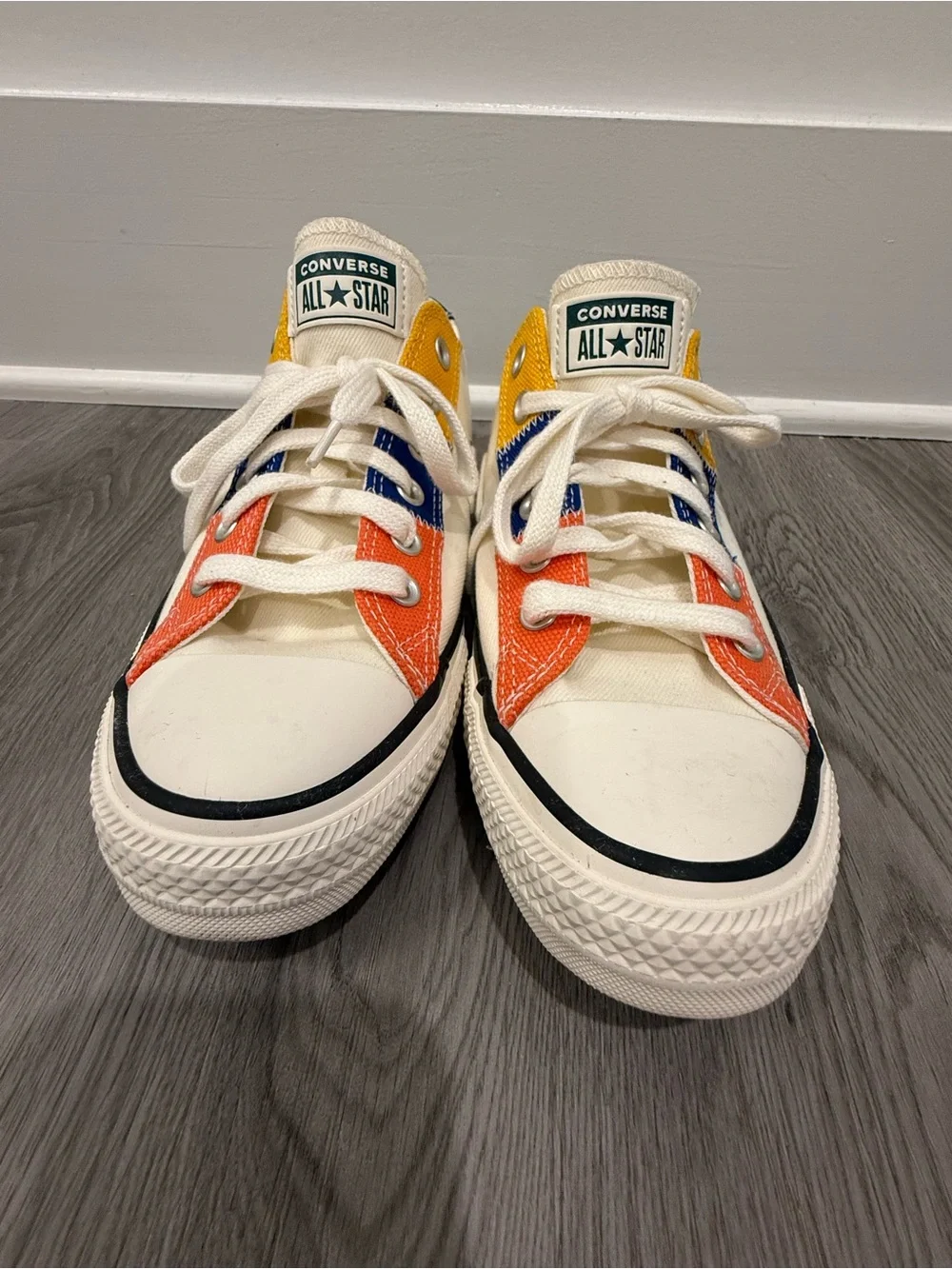 Converse Low Top Sneakers in Cream with Orange, Blue & Yellow Panels